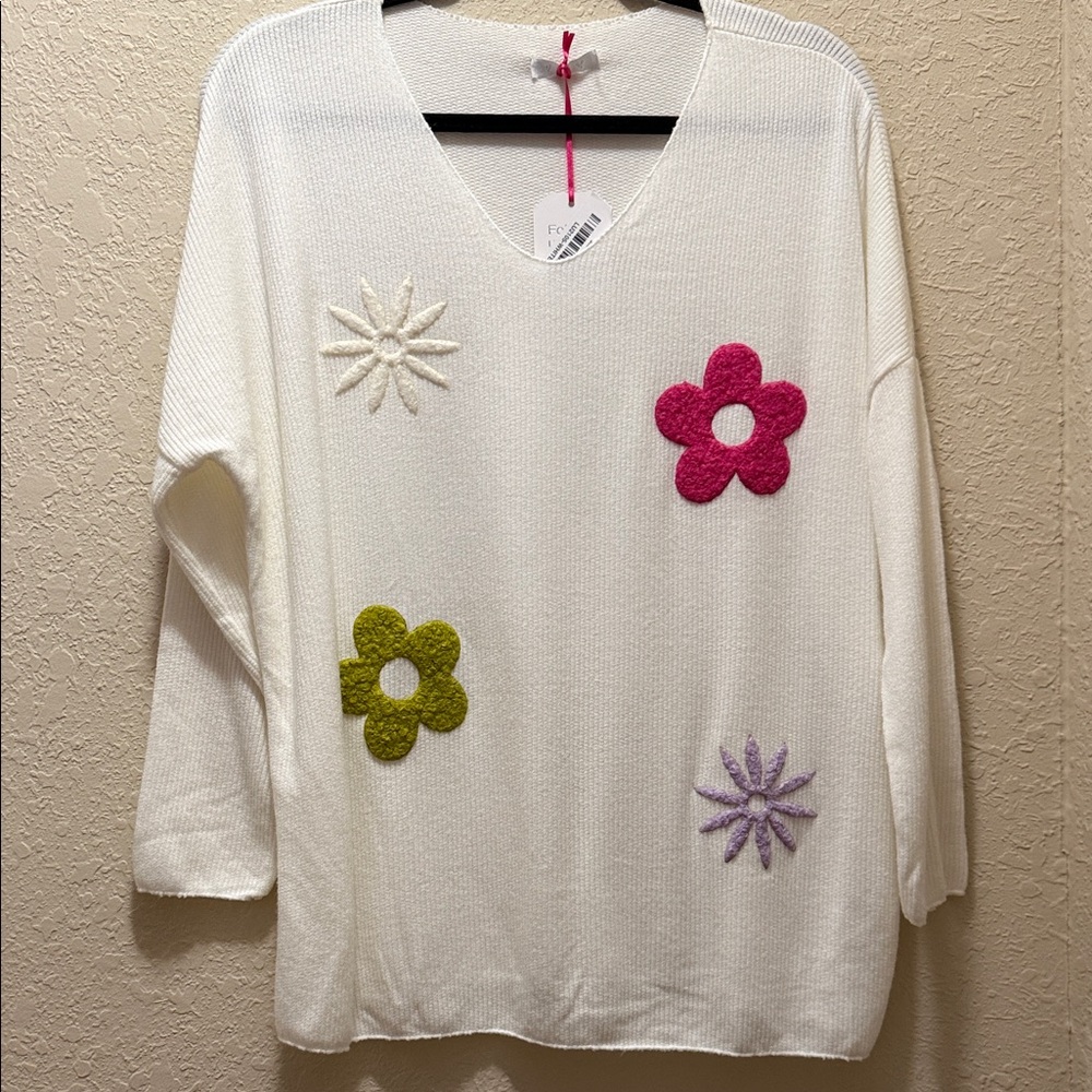 NWT, White Sweater with Colorful Flower Accents